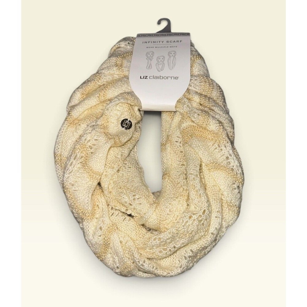 Liz Claiborne Ivory Metallic Gold Open Knit Infinity Scarf NWT - Picture 1 of 5